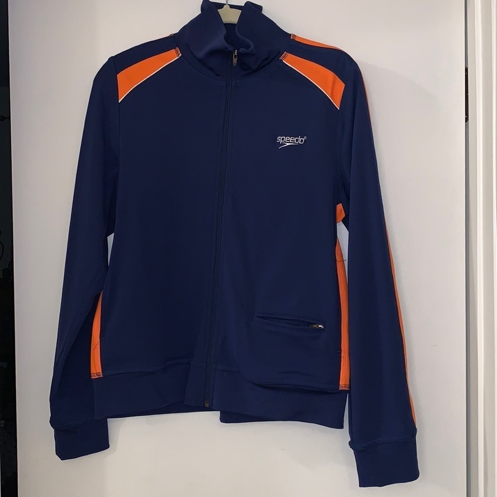 Speedo Womens Track Jacket M Blue‎ & Orange Stretch Zip Up Outdoor